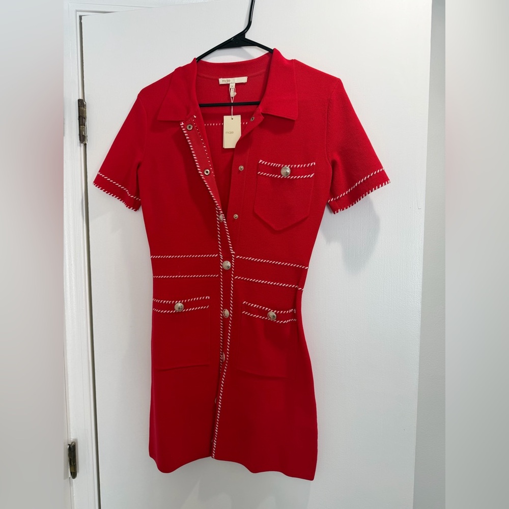 Maje Red Knit Mini Dress with Button Details
